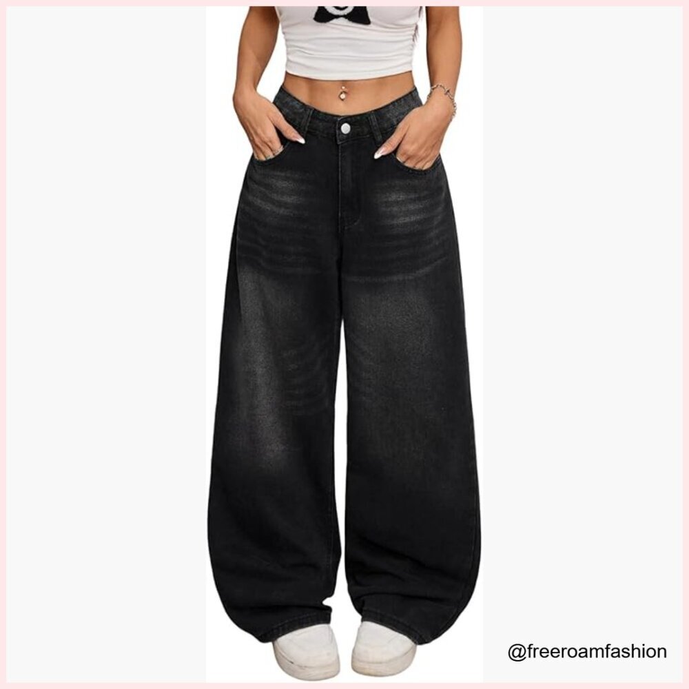 Baggy Wide Leg Jeans High Rise Loose Fit Vintage Y2K Streetwear Pants - Picture 1 of 7